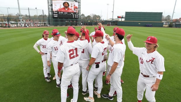 The Alabama Baseball team huddles pregame against High Point at Sewell-Thomas Stadium in Tuscaloosa, AL on Saturday, Feb 25, 2023.